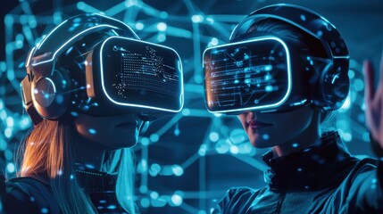 Poster - Two people wearing virtual reality headsets in a futuristic digital environment with holographic displays