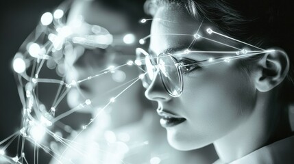 Poster - Futuristic female portrait with glowing digital mesh overlaying face and head