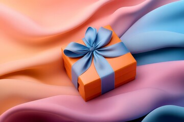 Poster - A 3D digital artwork of a gift box with layers of complementary colors, such as orange wrapping paper and blue ribbons, set on a glowing gradient background