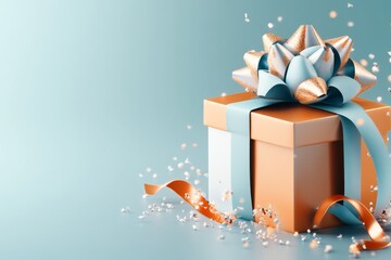Poster - A 3D digital artwork of a gift box with layers of complementary colors, such as orange wrapping paper and blue ribbons, set on a glowing gradient background