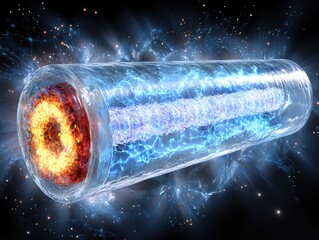 Poster - Abstract cylindrical structure with glowing core and electric discharge in space background
