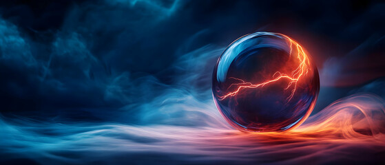 Poster - A vibrant, glowing orb surrounded by swirling mist and colorful lightning effects, creating a mystical atmosphere.