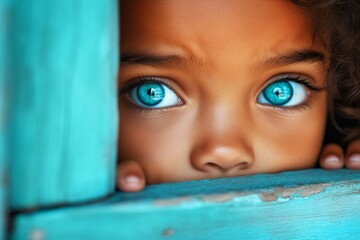 Poster - A child peering around a corner, their face partially hidden and their expression wary as they observe something in the distance