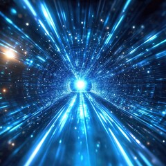 Poster - Abstract light tunnel with glowing blue streaks and bright center point in dark space