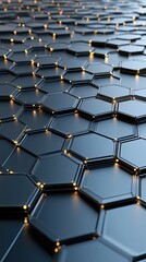 Fototapete - Abstract futuristic design with glowing hexagons and connections on a dark blue background, ideal for tech concepts and wallpapers