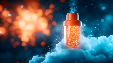 Poster - A vibrant shaker filled with glowing particles, emerging from swirling clouds of color, ideal for creative design.