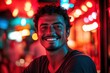 © anatolii - Smile captured in vibrant city nightlife showcasing urban culture and joyful atmosphere amidst colorful lights