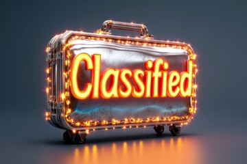 Poster - A digital 3D scene of a sleek metallic briefcase stamped with 