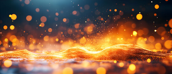 Poster - Captivating close-up of shimmering orange waves with vibrant bokeh lights, depicting a magical atmosphere.