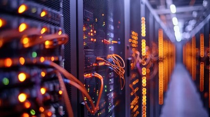 Poster - Illuminated data server racks in modern data center with glowing network cables