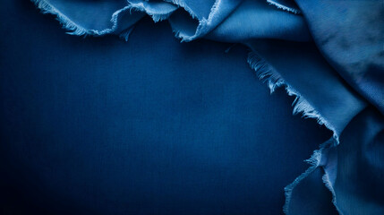 Poster - Close-up of a frayed blue fabric showcasing texture and color depth perfect for backgrounds and design projects.