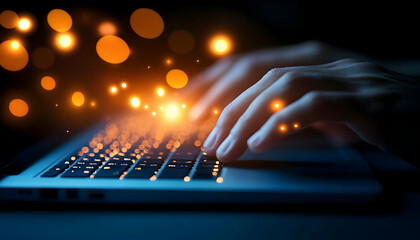 Poster - Close-up of hands typing on a laptop with glowing lights, illustrating digital creativity and innovation.