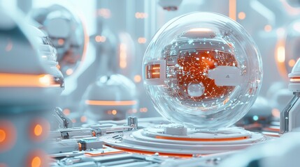 Poster - Glowing Digital Sphere with Circuit Reflections in Futuristic Laboratory Setting