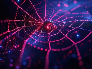 Poster - Red glowing spider on a dark web with blue light spots in a futuristic digital scene