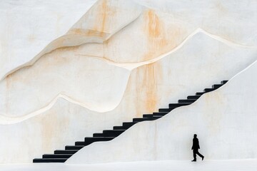 Poster - A flat, 2D depiction of a person walking up to a looming staircase, their small figure surrounded by exaggerated, abstract shadows on a clean white canvas