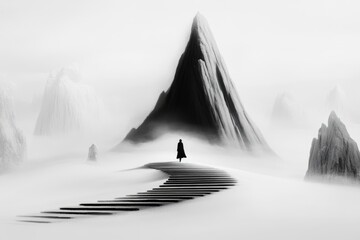 Poster - A flat, 2D depiction of a person walking up to a looming staircase, their small figure surrounded by exaggerated, abstract shadows on a clean white canvas