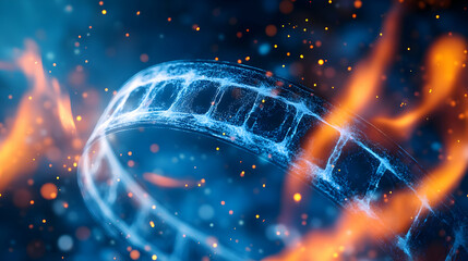 Poster - Dynamic abstract background featuring glowing film strips intertwined with vibrant flames and sparkling particles.