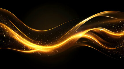 Poster - Dynamic golden wave with elegant motion and shimmering particles on a black background.