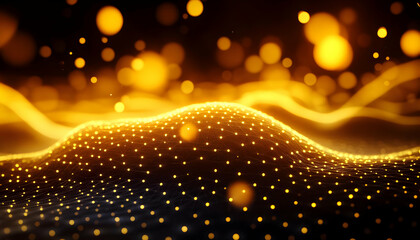 Poster - Dynamic golden wave with glowing particles creating an abstract background, perfect for modern designs and visuals.