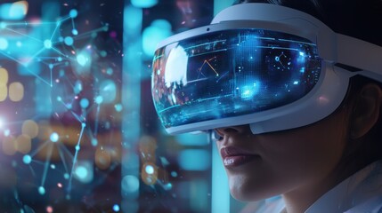 Poster - Closeup of Person Wearing Futuristic Virtual Reality Headset Exploring Digital 3D Immersive Environment