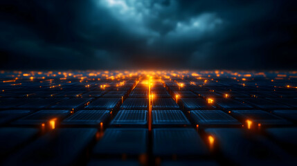 Poster - Futuristic cityscape with glowing lights under a dramatic sky, showcasing advanced technology and innovation.
