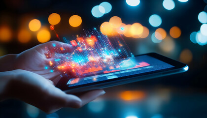 Poster - Hand holding tablet with vibrant data visualization in a dynamic digital environment, showcasing innovation and connectivity.