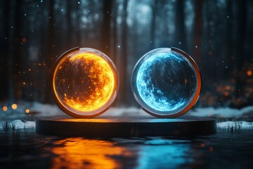 Poster - A magical scene of two orbs, one glowing with warm orange light and the other with cool blue, orbiting each other in a mystical forest to symbolize complementary energy