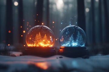 Poster - A magical scene of two orbs, one glowing with warm orange light and the other with cool blue, orbiting each other in a mystical forest to symbolize complementary energy
