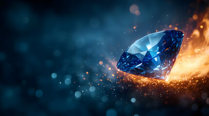 Poster - Stunning blue diamond glimmers against a dark background filled with sparks and light, creating an enchanting visual.