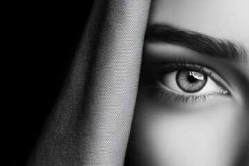 Poster - A minimalist depiction of a single eye peering out from behind a curtain, with sharp, clean lines and muted tones to emphasize a feeling of caution