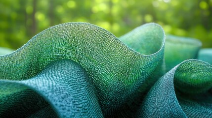 Teal Fabric Draped in Soft Waves Against Green Background