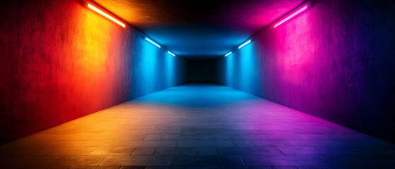 Wall Mural - vibrant illuminated corridor showcasing colorful neon lights and a sleek modern design.