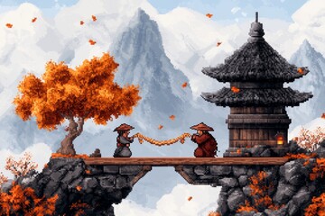Poster - A pixel art scene of two characters standing on opposite platforms, throwing pixelated ropes to create a bridge that connects them, symbolizing association in a retro-style world