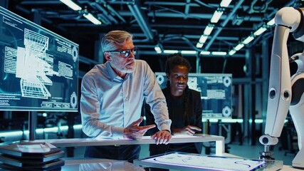 Fototapete - Innovative technology collaboration between experts in a modern design lab showcasing advanced robotics and digital blueprints