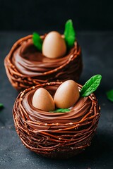 Wall Mural - Close-up of chocolate-filled pretzel cups topped with green candies and chocolate chips, arranged on a light surface, dessert concept