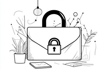 Poster - A simple line art representation of a briefcase with a lock symbol on it, indicating confidential information with clean, bold strokes