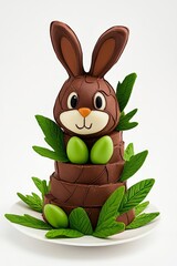 Sticker - Chocolate bunny with a white belly and green Easter egg, surrounded by basil leaves on a clean white background, festive concept