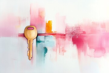 Poster - A soft watercolor painting of a glowing key unlocking a door, with ethereal tones blending into the light pouring from the doorway, symbolizing applicability