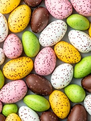 Wall Mural - A variety of chocolate eggs with colorful drizzles and sprinkles on a white background. Festive Easter treat concept