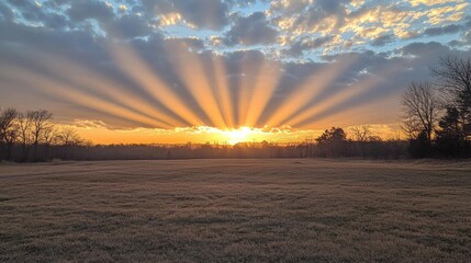 Fototapete - Golden rays cascade across the sky as the sun sets, creating a vibrant tapestry of colors. The open field below reflects the beauty of this peaceful moment, inviting introspection and wonder