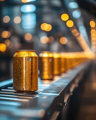 Poster - Gold cans on conveyor belt in factory with blurred lights and metallic surface detail