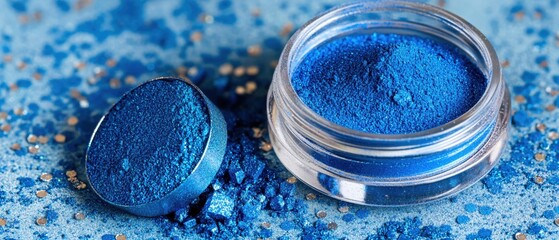 Poster - Bright blue pigment in jar and compact on glittery surface for cosmetic or artistic use