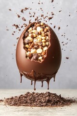 Sticker - Chocolate eggs surrounded by splashes of cocoa powder and liquid chocolate on a white background. Concept of sweetness