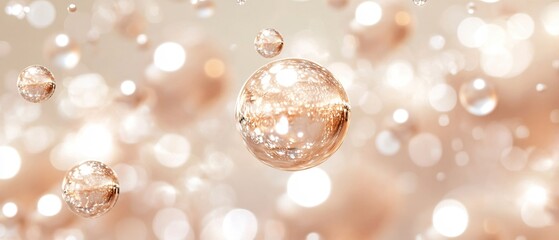 Poster - Abstract floating spheres with light reflections on a soft peach background with bokeh effect