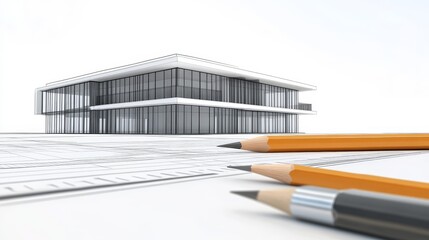 Modern architectural design with a sleek building in the background and drawing tools in the foreground