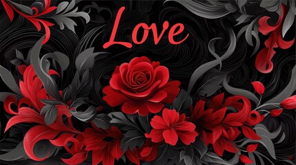 Poster - Striking Black and Red Floral Design Featuring the Word Love in Elegant Typography