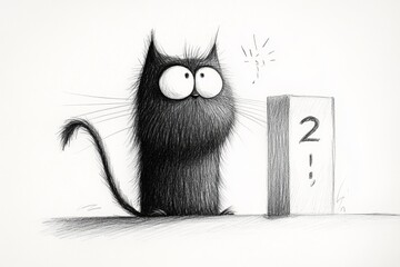 Poster - A whimsical 2D drawing of a cat hesitating to jump off a counter, its paw extended mid-air and its face showing uncertainty, with a white background emphasizing its expression