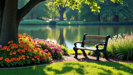 Aufkleber - A bench is in a park with a tree behind it. The bench is black and there are flowers in the background
