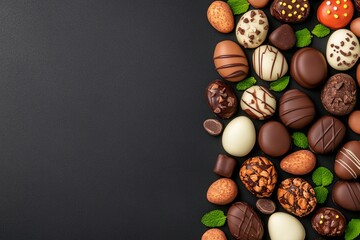 Sticker - Close-up of assorted chocolates and nuts in various shapes, arranged on a brown background, concept of dessert variety.