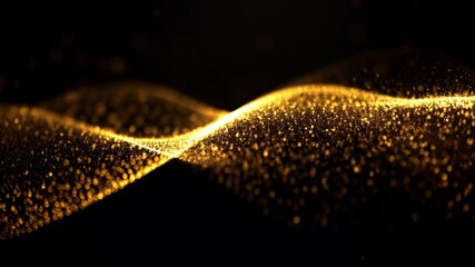 Poster - Golden waves of sparkling particles. Mesmerizing abstract animation of shimmering light trails. Magical glowing dust effect for luxury backgrounds and festive designs.